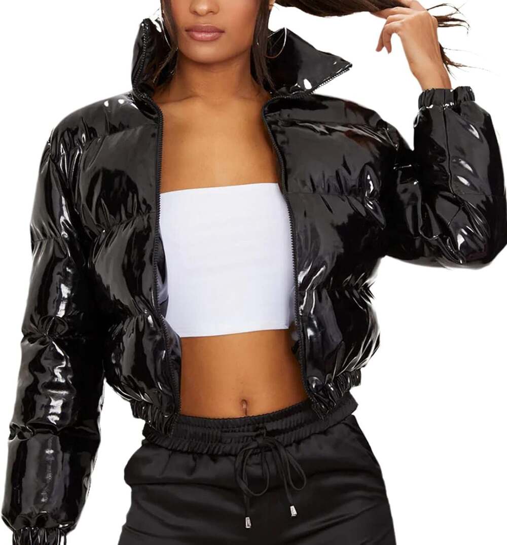 NWT Nanyfair Women's Black Shiny Vinyl Cropped Puffer Jacket Size L